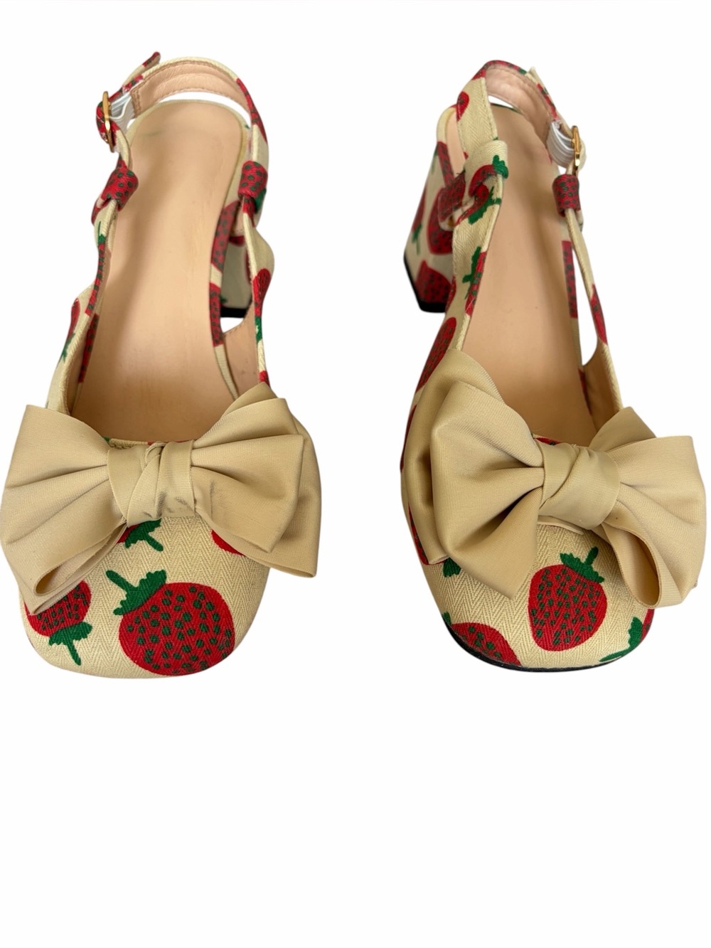 Vintage Strawberry Print Beige Slingback Heels with Bow